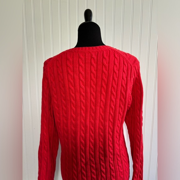 LL Bean Red Cable Knit Sweater Women’s Size Large V Neck Cotton - Picture 6 of 13
